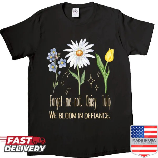 Vintage floral shirt featuring daisies and tulips in a serene field design
