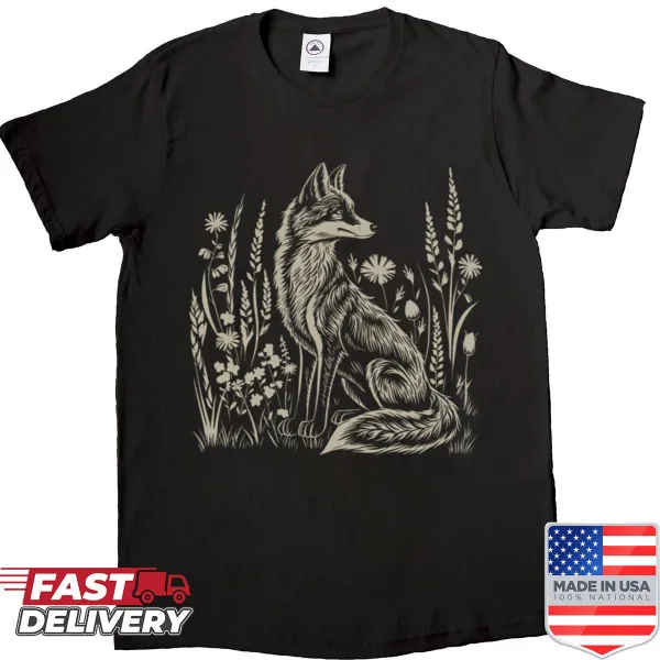 Fox design shirt in linocut style with floral elements