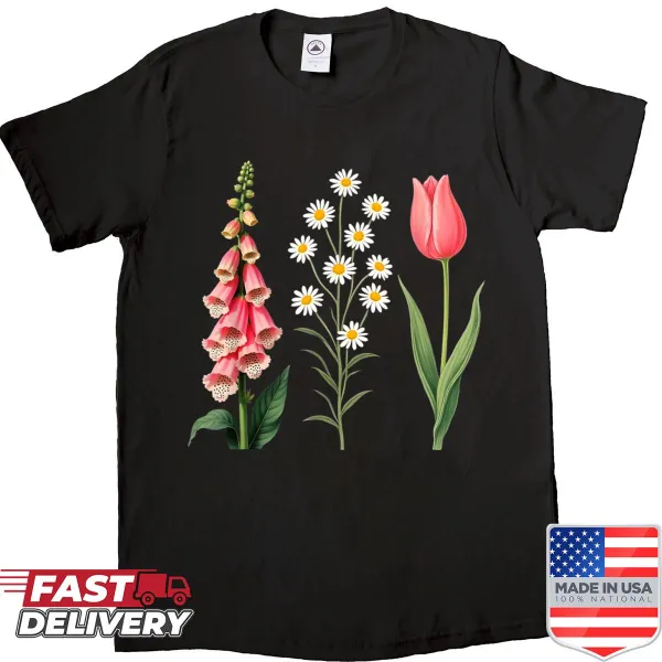 Vintage botanical shirt featuring foxglove, daisies, and tulips in an intricate design