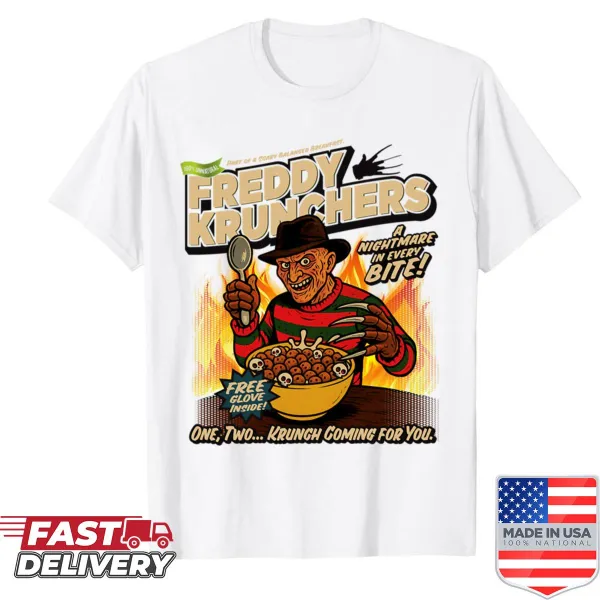 Freddy Krunchers cereal graphic printed on a humorous T-shirt