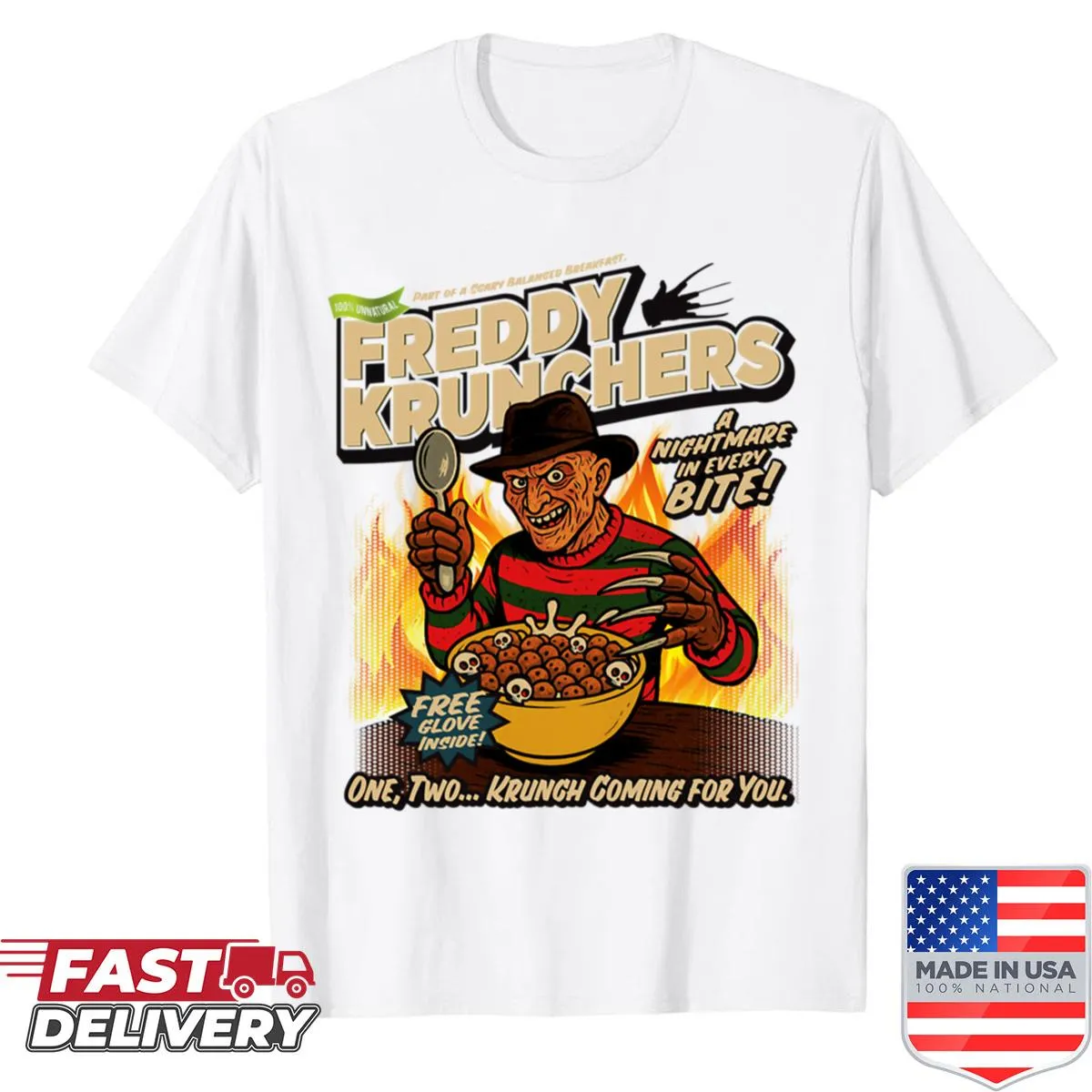 Freddy Krunchers cereal graphic printed on a humorous T-shirt