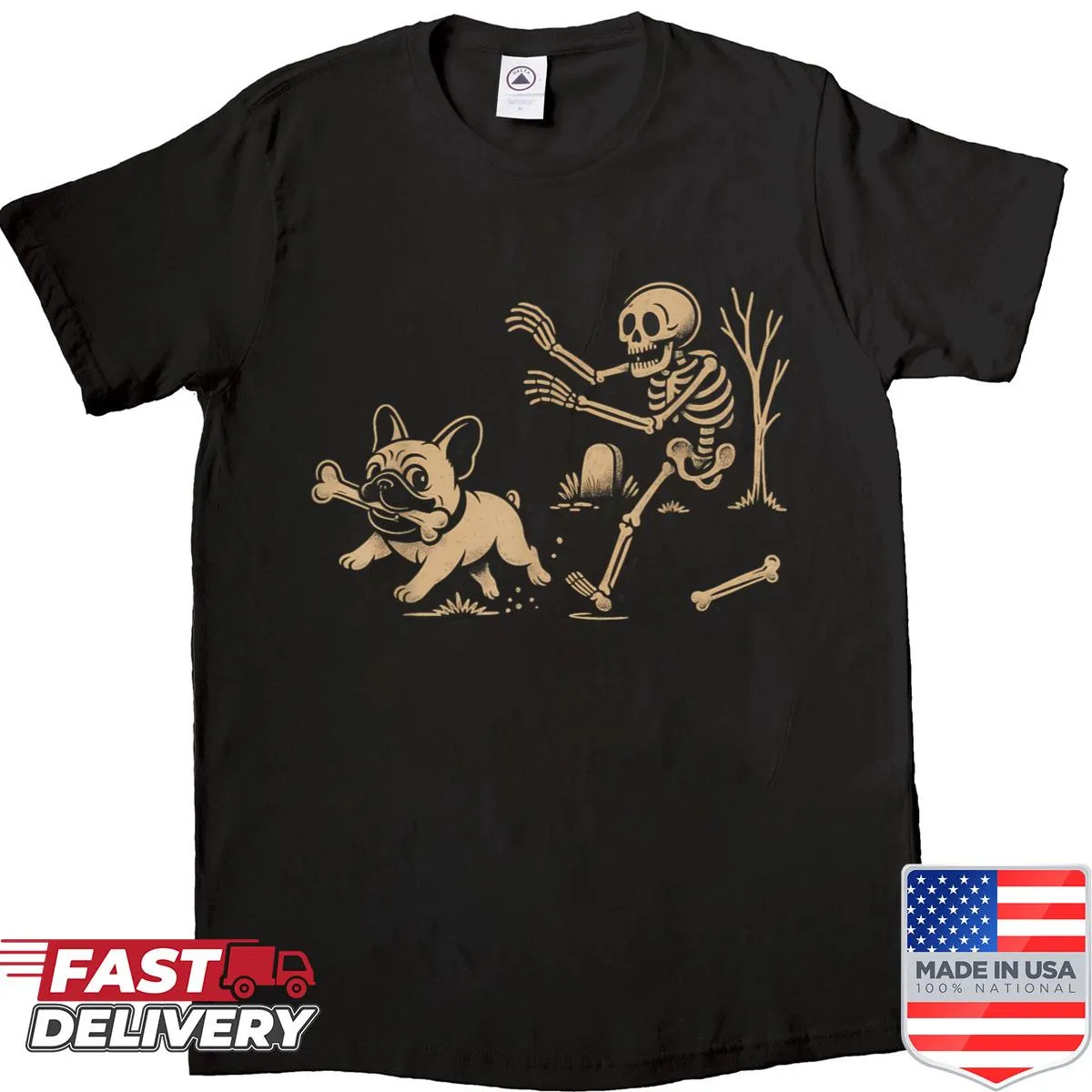 Cartoon French Bulldog in skeleton costume for Halloween shirt