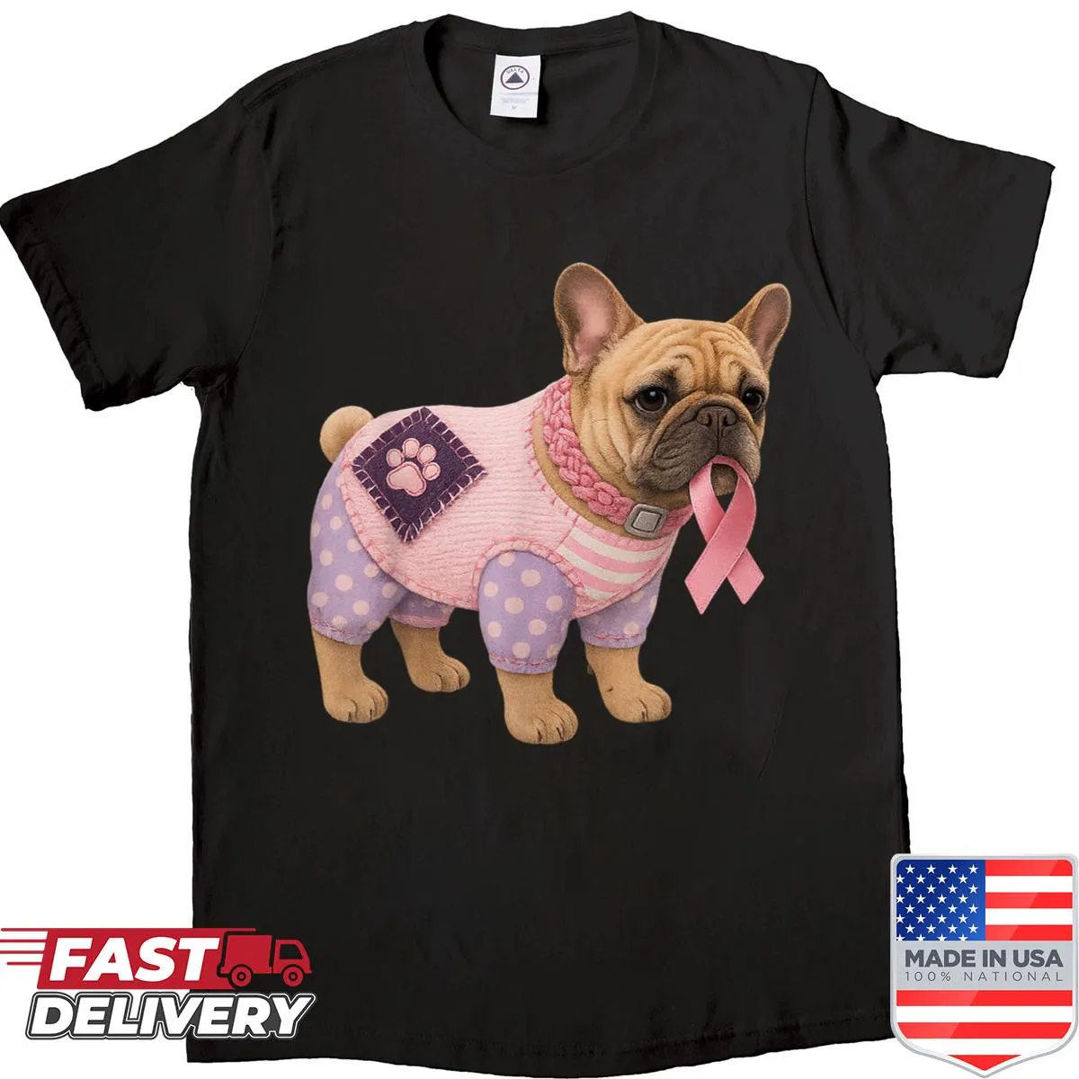 French Bulldog shirt with pink ribbon and breast cancer awareness design