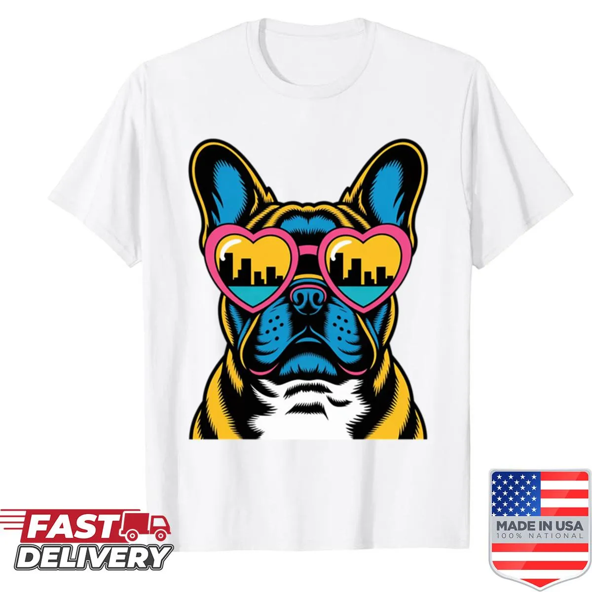 Pop art portrait of a French Bulldog wearing sunglasses