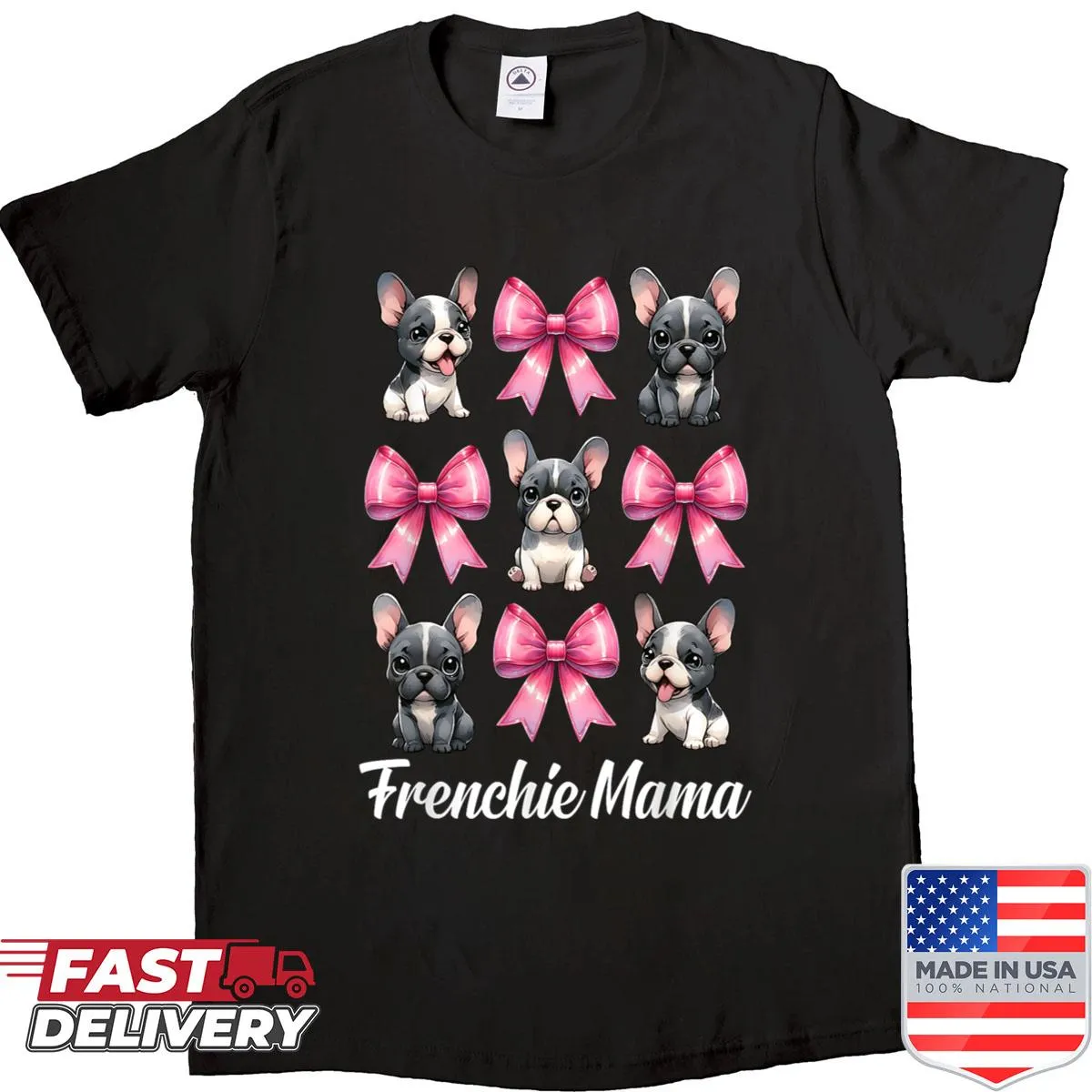 Cute shirt for dog lovers saying 'Frenchie Mama' with an illustration