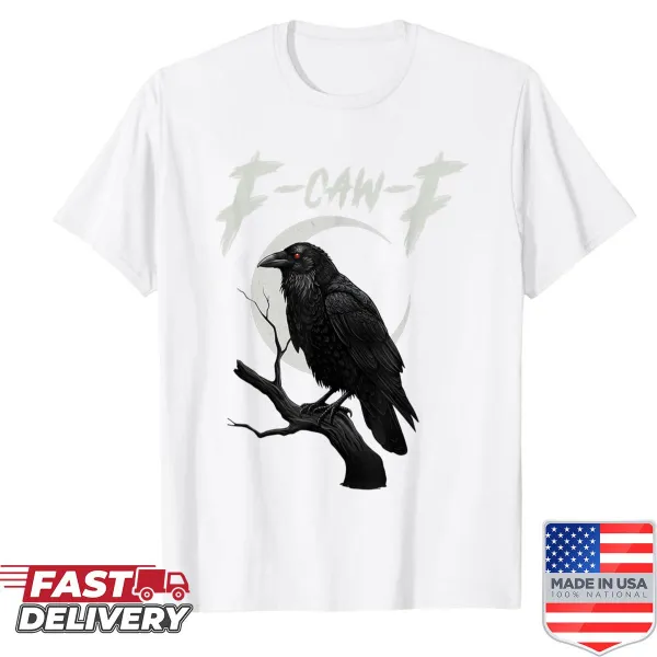 Graphic t-shirt featuring a funny black crow illustration