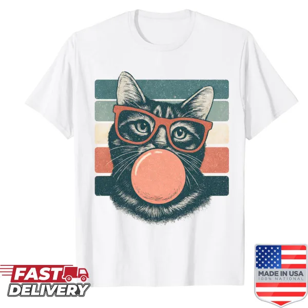 Retro cat blowing bubble gum graphic t-shirt