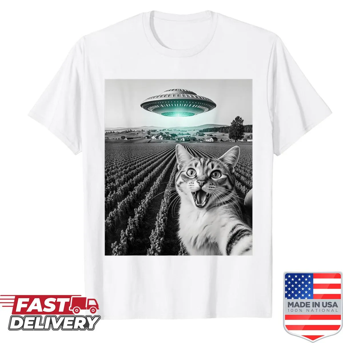 Cartoon graphic of a cat selfie with an alien UFO