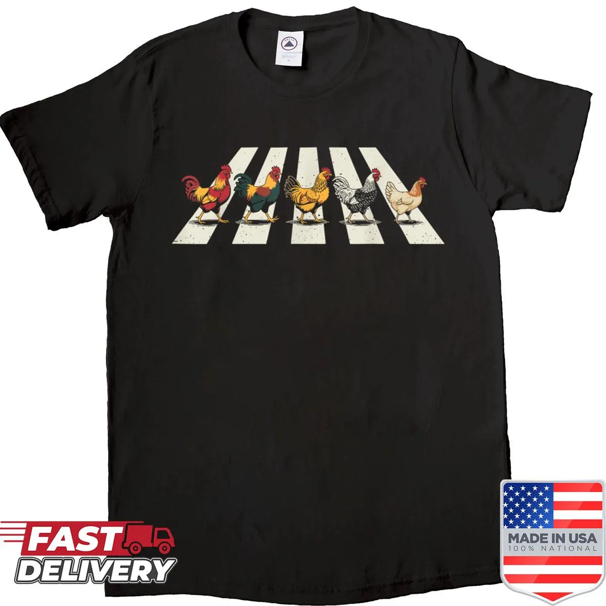 Vintage-style shirt depicting chickens crossing the road with humorous design