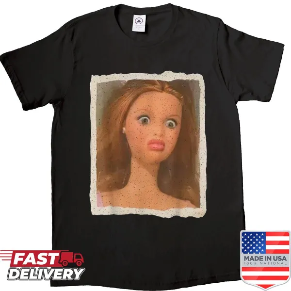 Funny shirt featuring a doll face inspired by popular meme culture