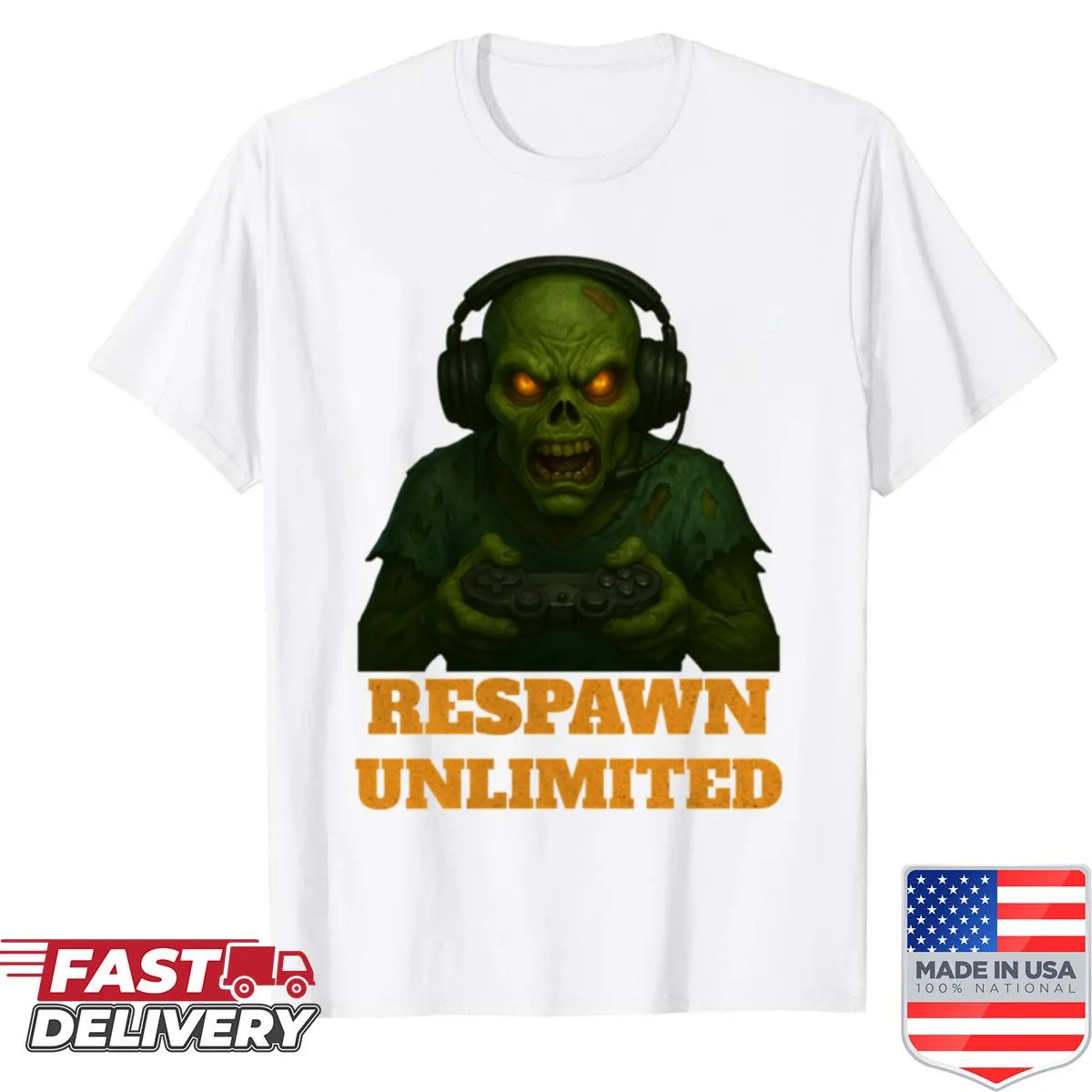 Cartoon graphic of a zombie gamer respawning