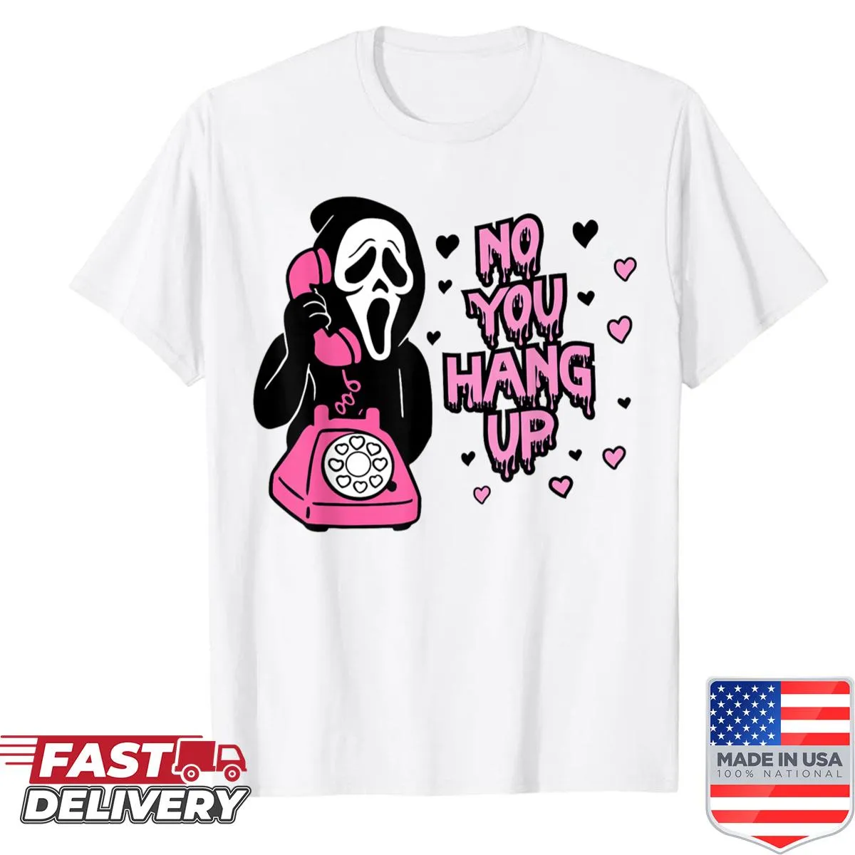 Funny Halloween shirt with a ghost on the phone saying No You Hang Up