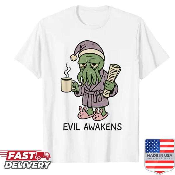 Funny Cthulhu t-shirt with grumpy design and morning coffee theme