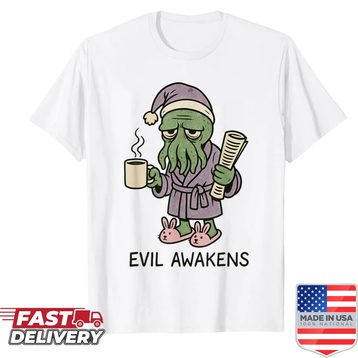Funny Cthulhu t-shirt with grumpy design and morning coffee theme