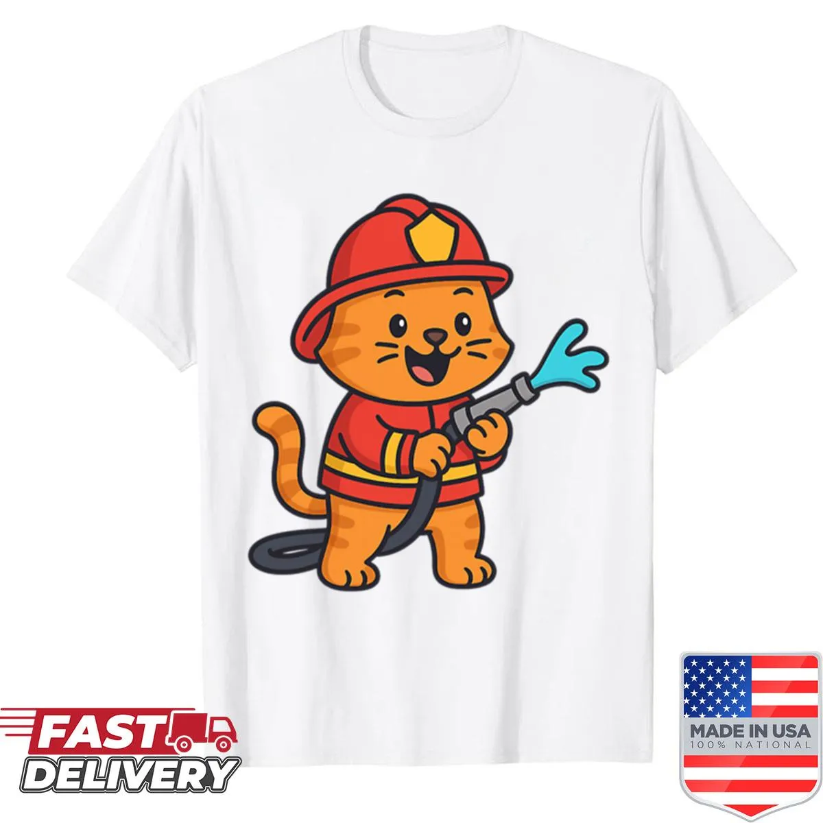 Cartoon orange cat in firefighter gear with hose illustration