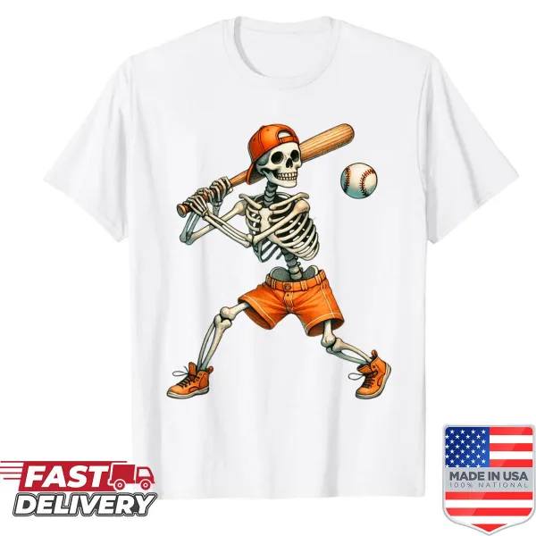 Cartoon skeleton playing baseball in Halloween-themed shirt