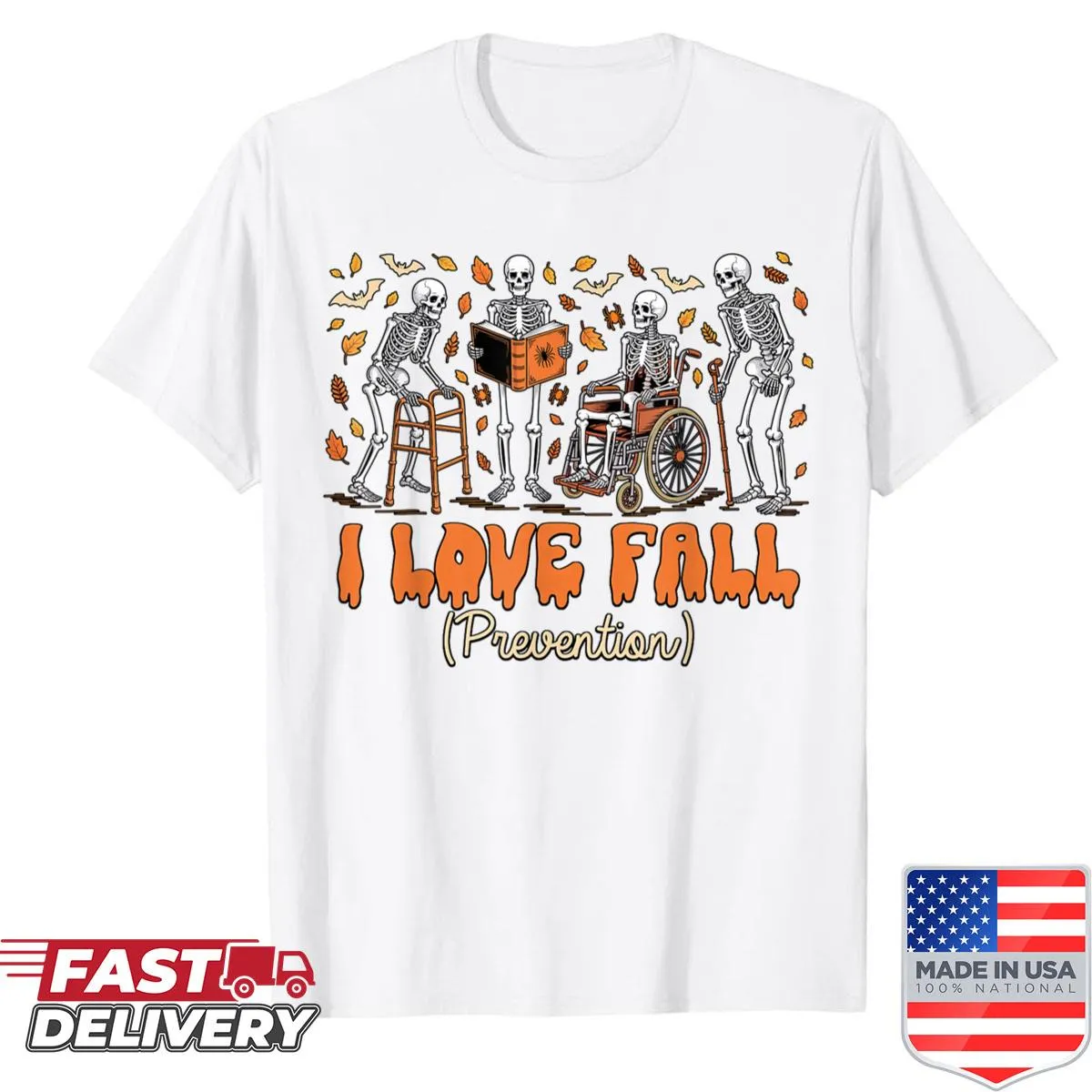 Funny skeleton graphic promoting fall prevention