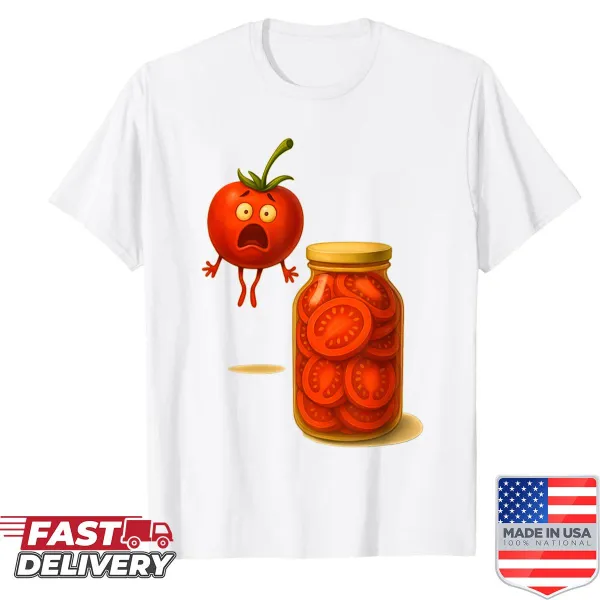 Cartoon graphic of a jar filled with sliced tomatoes on a T-shirt.