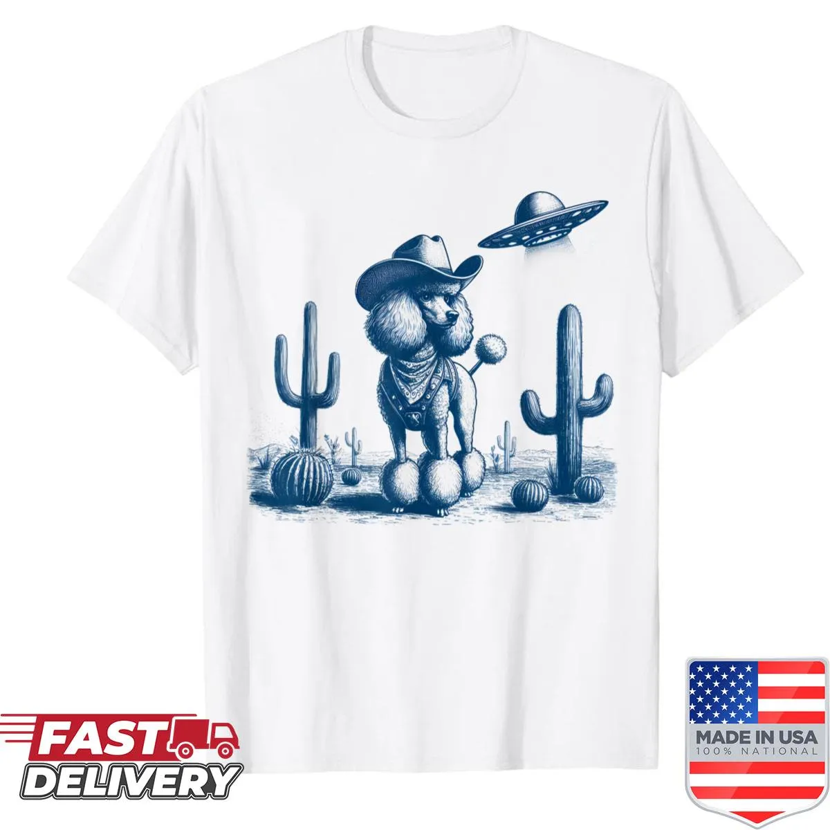 Vintage distressed graphic of a cowboy poodle and UFO