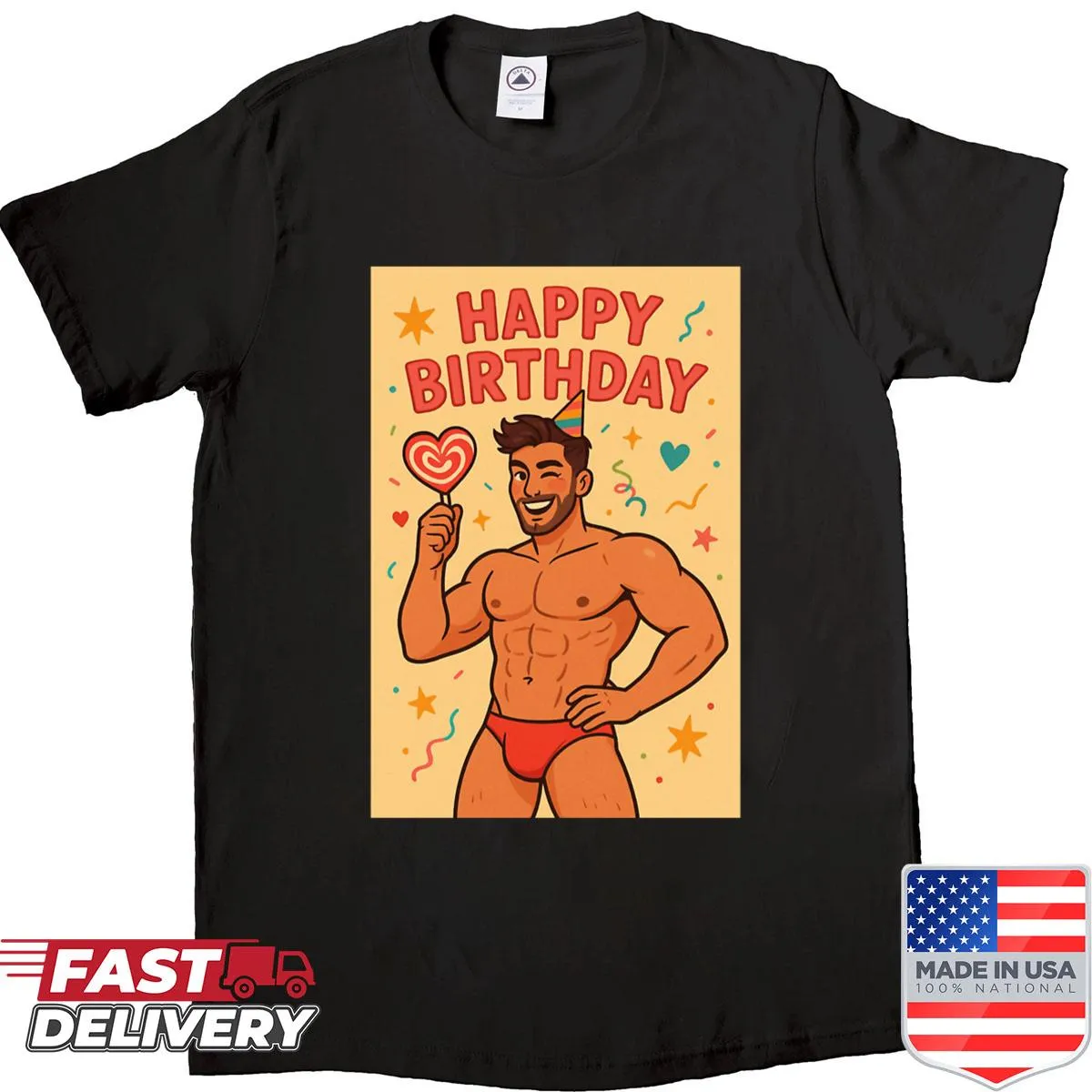 Funny birthday shirt featuring a party hat guy with lollipop
