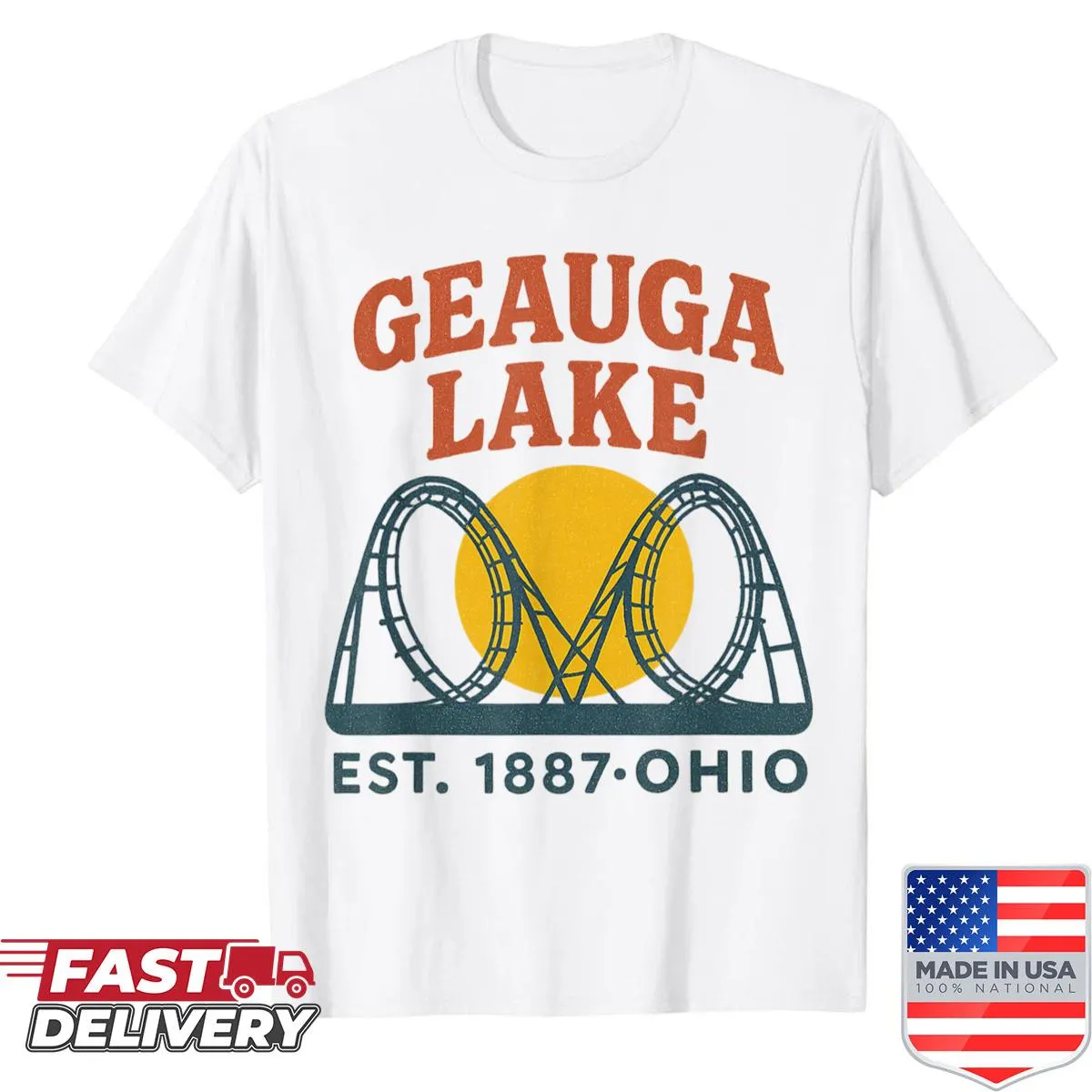 Vintage shirt featuring Geauga Lake's double loop roller coaster design