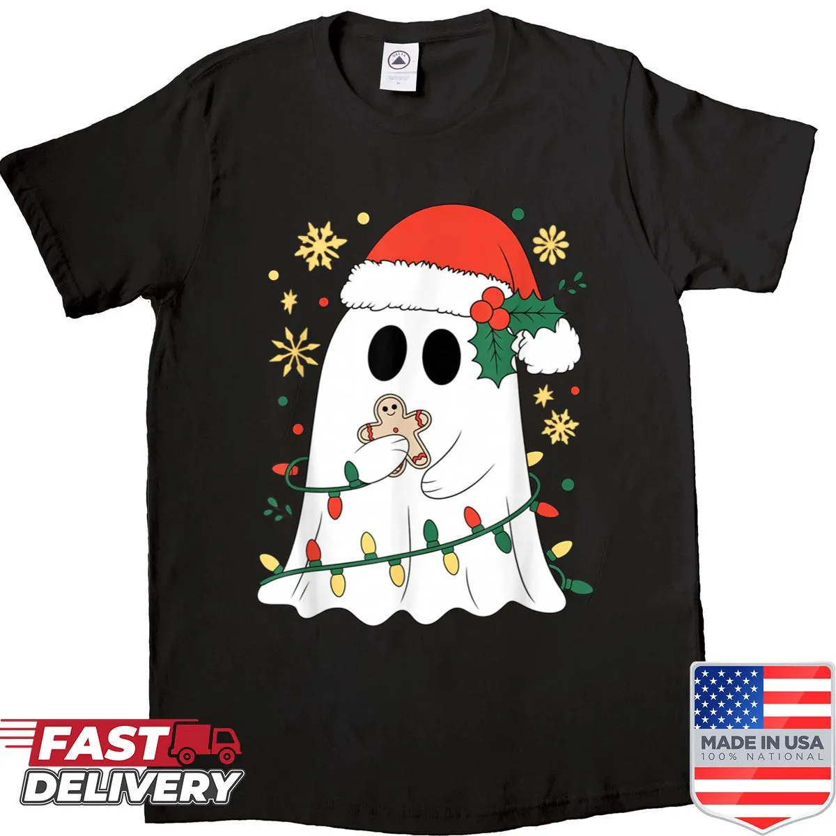 Ghostly Santa Claus with festive elements on a Christmas shirt