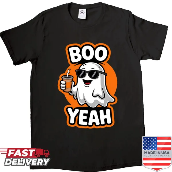 Ghost holding a coffee cup on a playful Halloween shirt