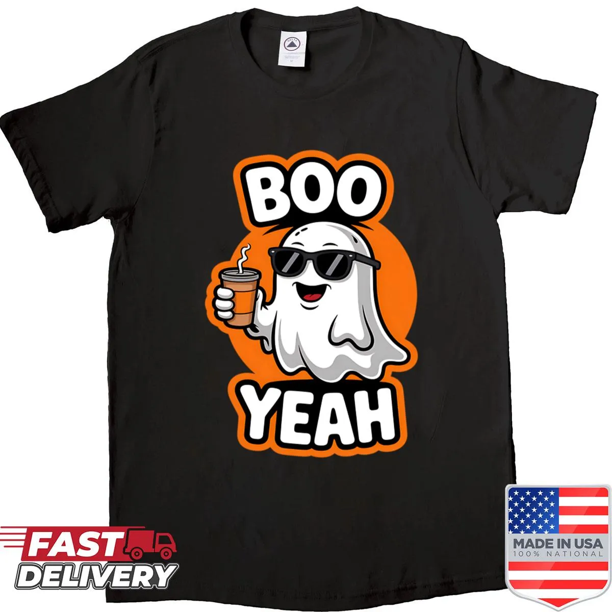 Ghost holding a coffee cup on a playful Halloween shirt
