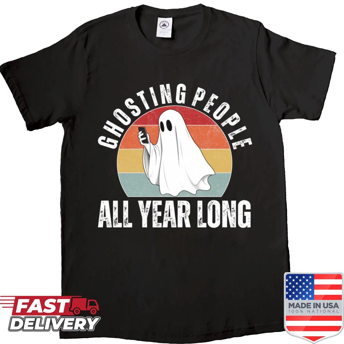 Funny ghost graphic with text about ghosting on a t-shirt.