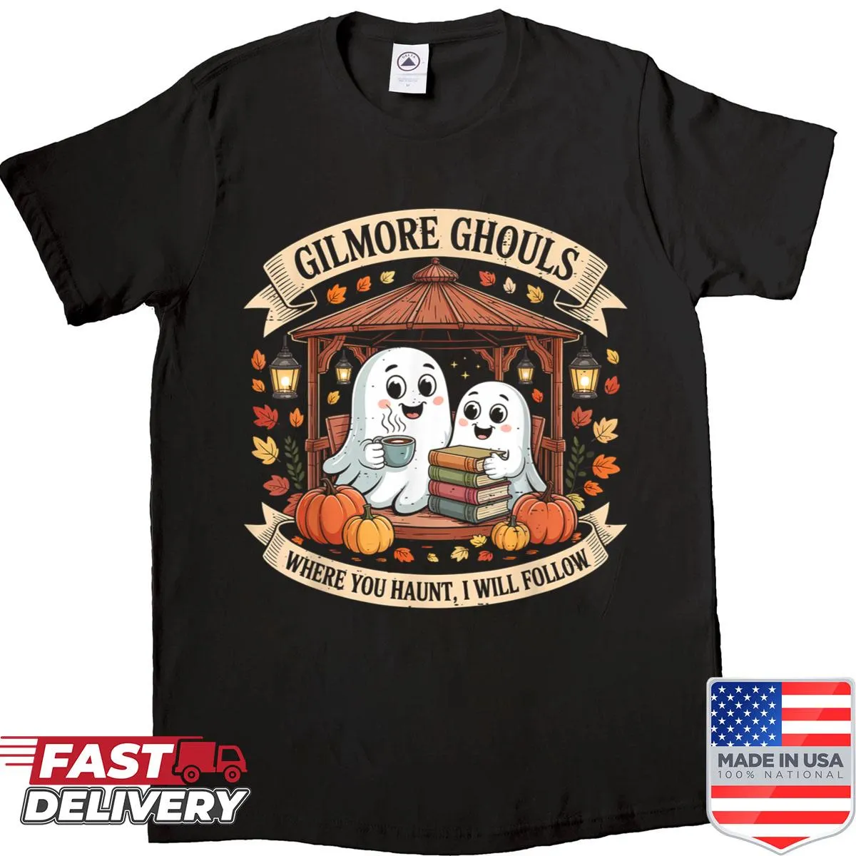 Whimsical ghost graphic for Halloween on a t-shirt
