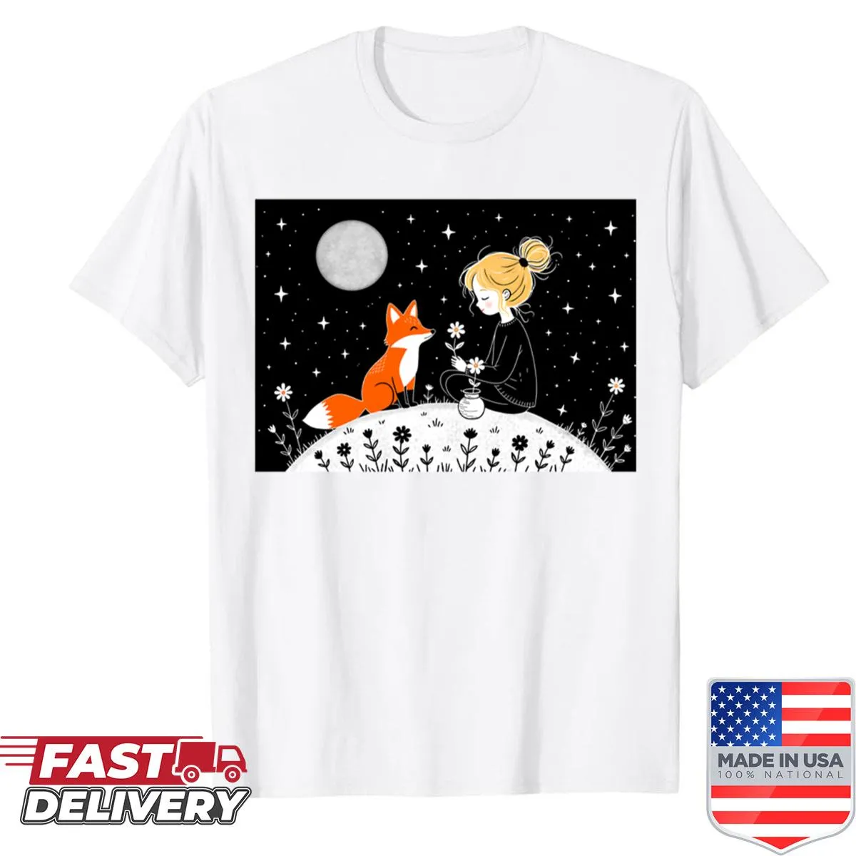 Illustrated shirt featuring a girl and a fox in a whimsical design