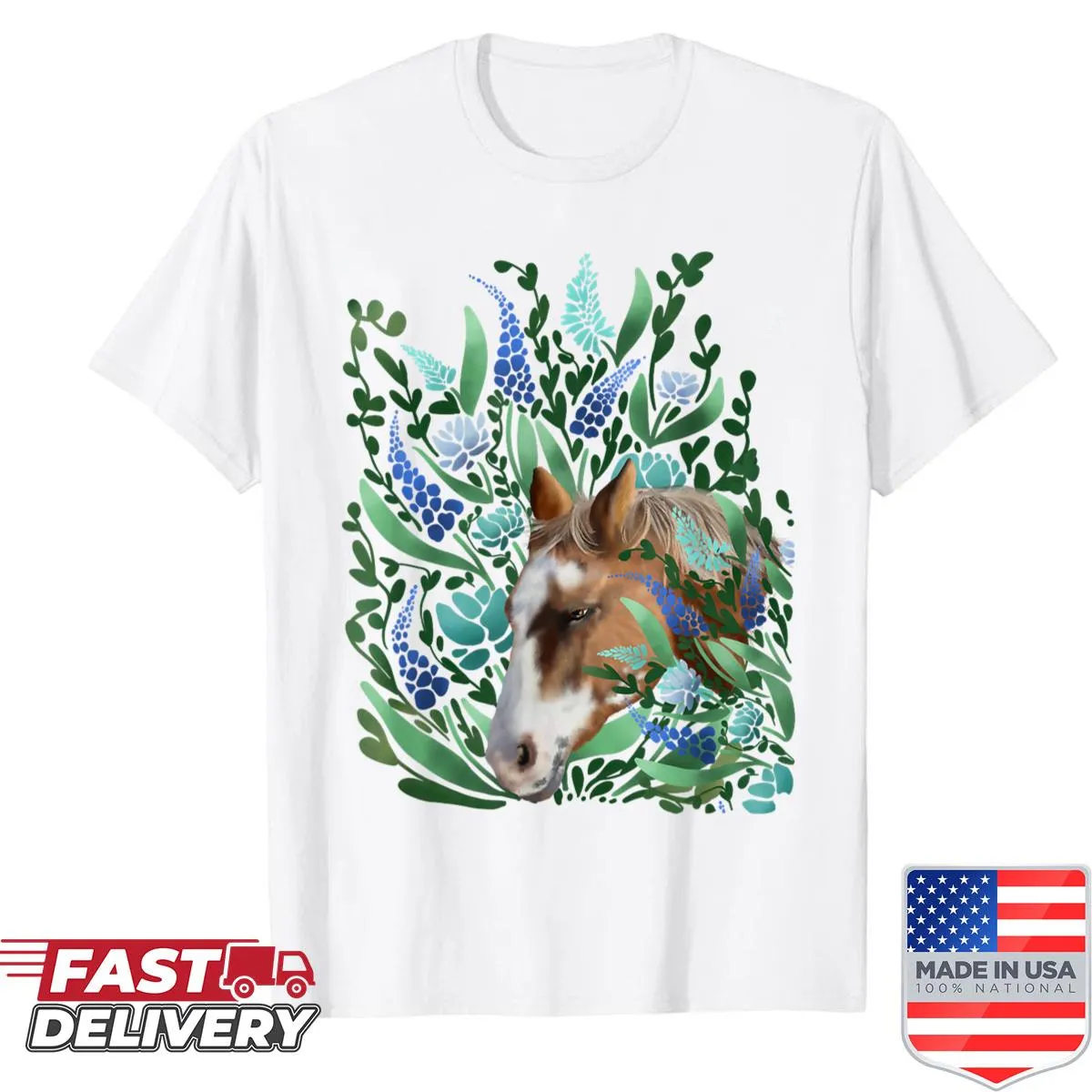 Illustration of a palomino horse with abstract turquoise flowers on shirt