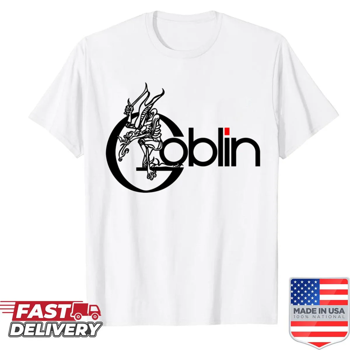 Cartoon goblin rock band graphic on a black shirt