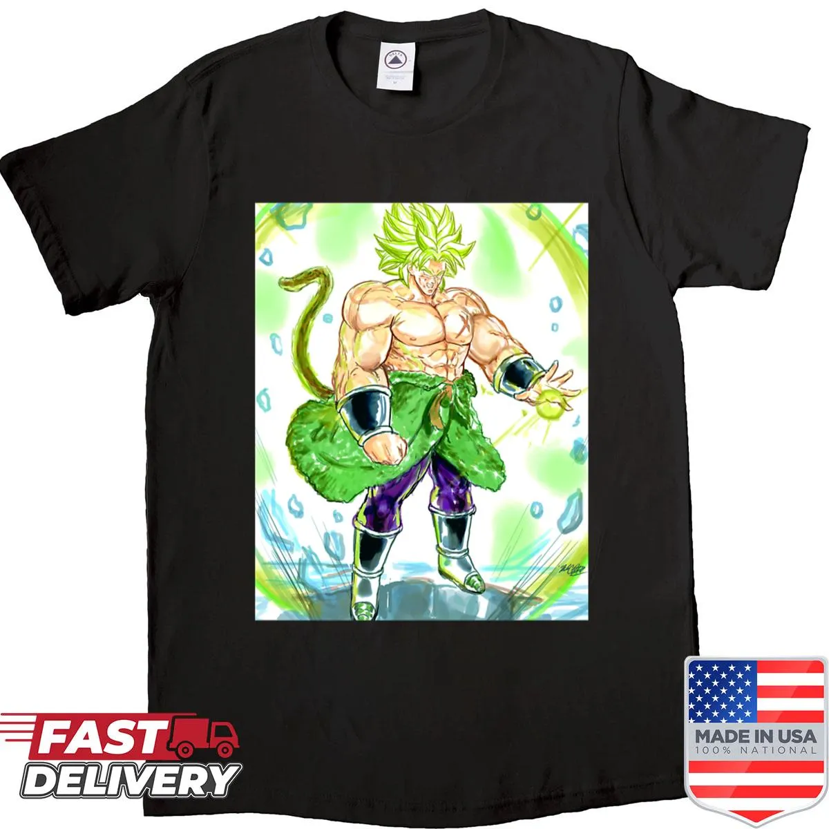 Broly from anime in action pose with energy effects printed on shirt