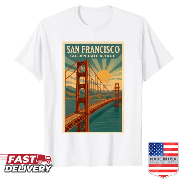 Illustrative design of the Golden Gate Bridge on a shirt