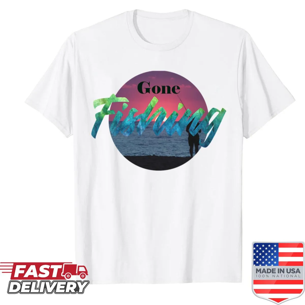 Illustrative fishing-themed t-shirt with 'Gone Fishing' text