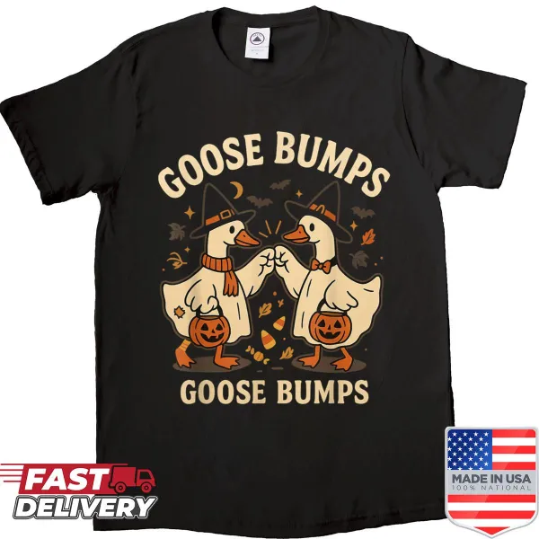Halloween shirt featuring geese fist bump for a fun celebration.