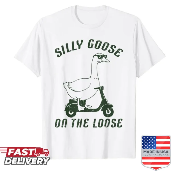Funny shirt with a cartoon goose riding a scooter