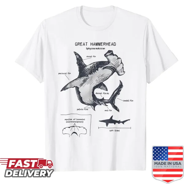 Illustration of great hammerhead shark anatomy on marine biology shirt