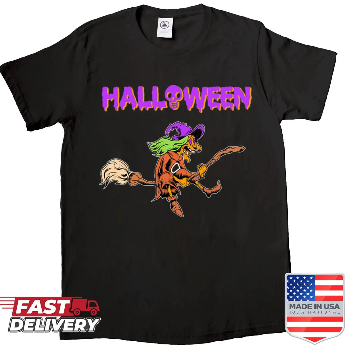 Cartoon witch on broom flying through the night sky for Halloween