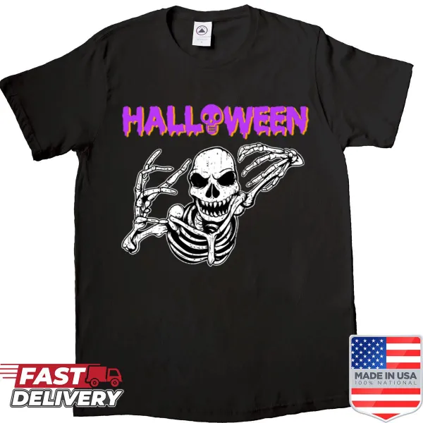 Whimsical Halloween shirt featuring a dancing skeleton design