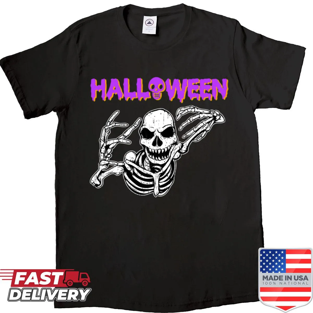 Whimsical Halloween shirt featuring a dancing skeleton design