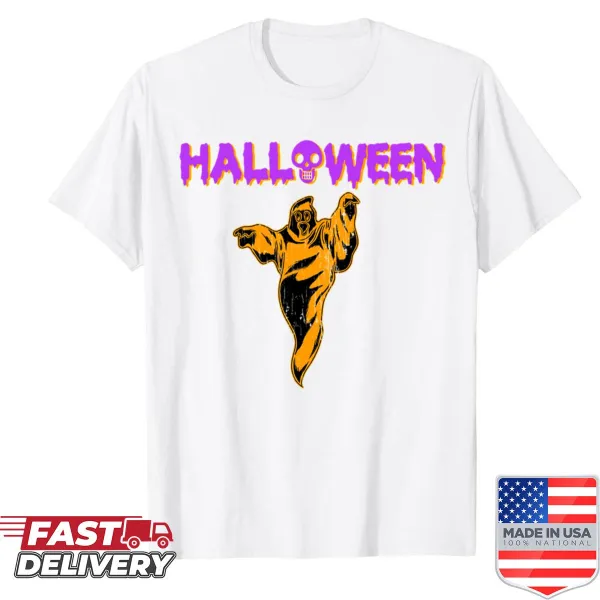 Cute cartoon ghost design on a Halloween-themed kids shirt