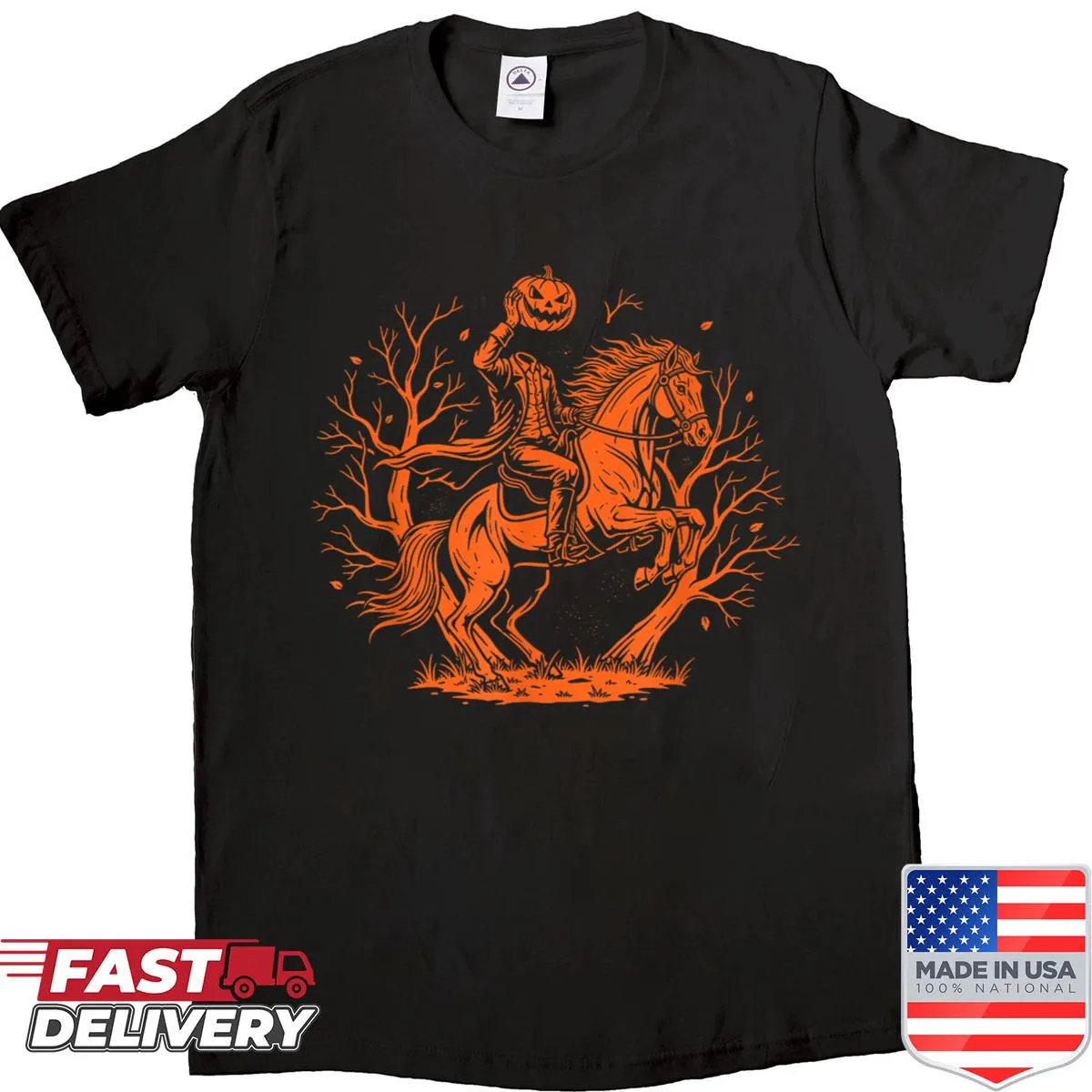 Funny Halloween shirt featuring a cartoon Headless Horseman and pumpkins.