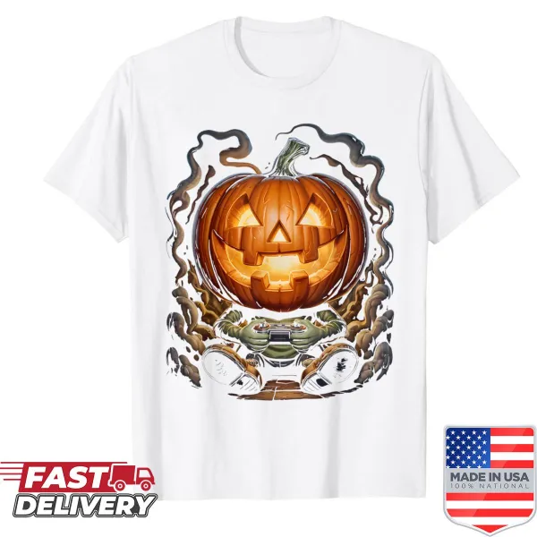 Fun Halloween shirt for kids featuring a pumpkin and gaming elements.