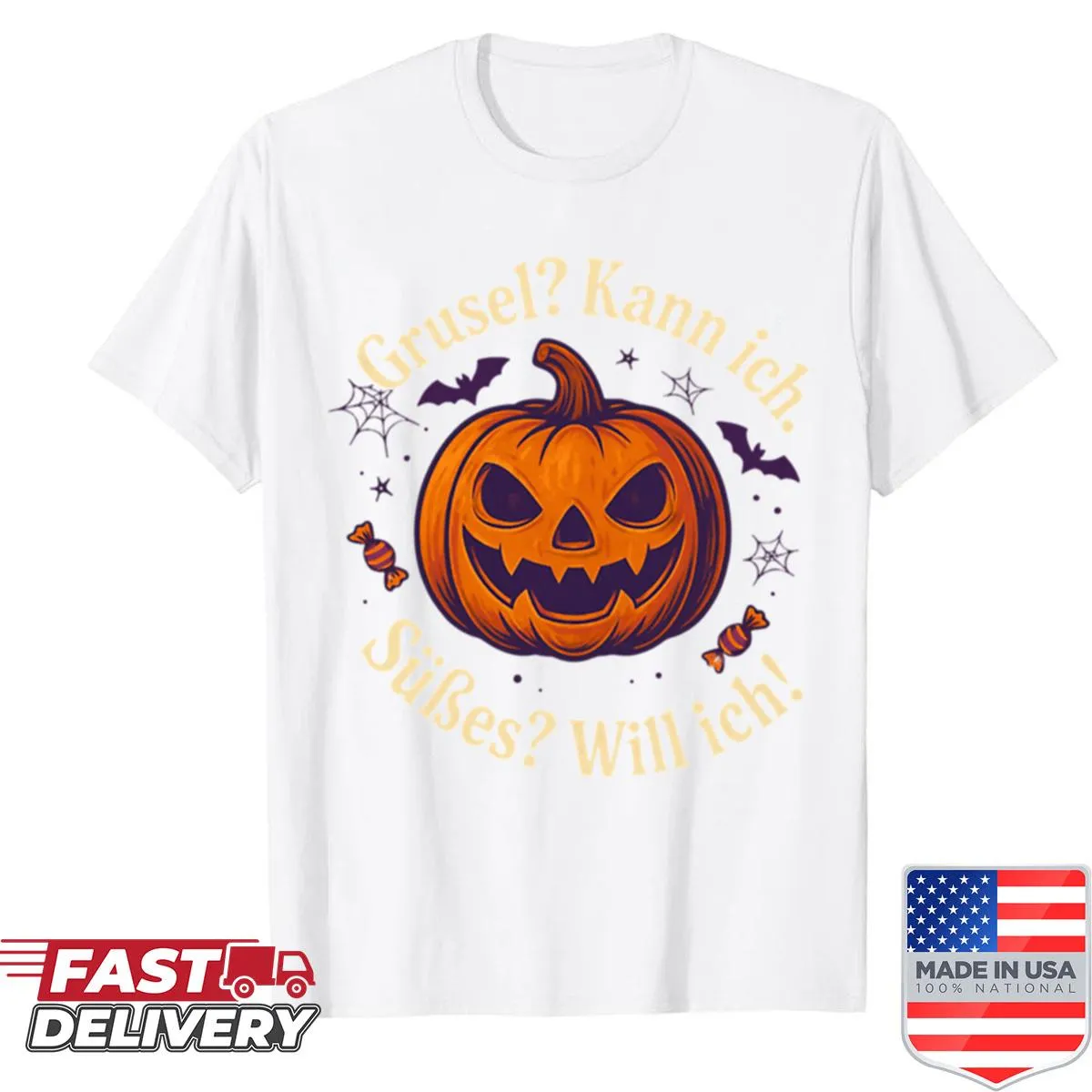 Whimsical pumpkin illustration on a Halloween shirt