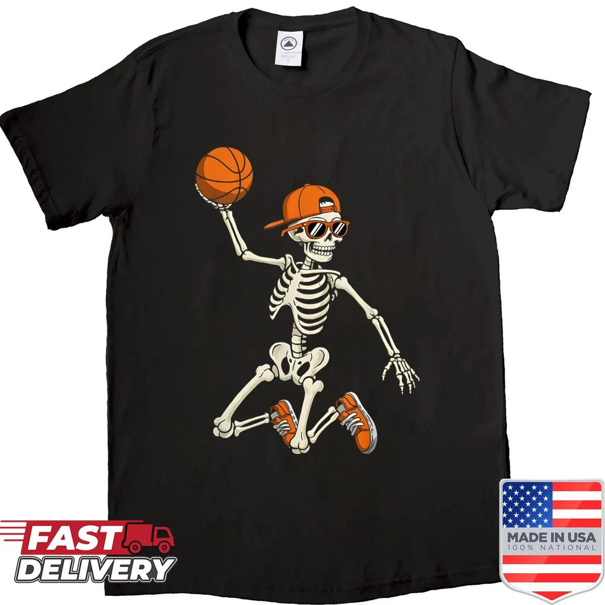 Funny Halloween skeleton basketball graphic t-shirt