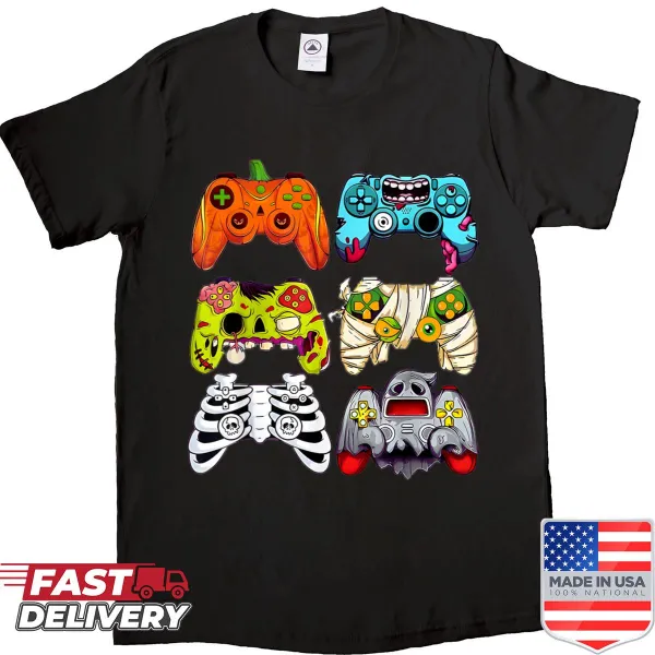 Halloween-themed shirt for kids featuring skeleton and zombie gamers