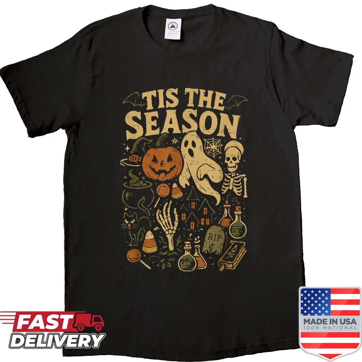 Whimsical Halloween shirt with pumpkins and witches design