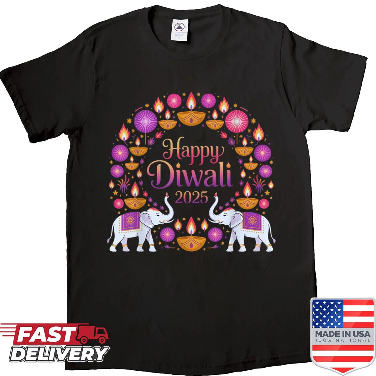 Festive Diwali shirt featuring traditional symbols of the Festival of Lights
